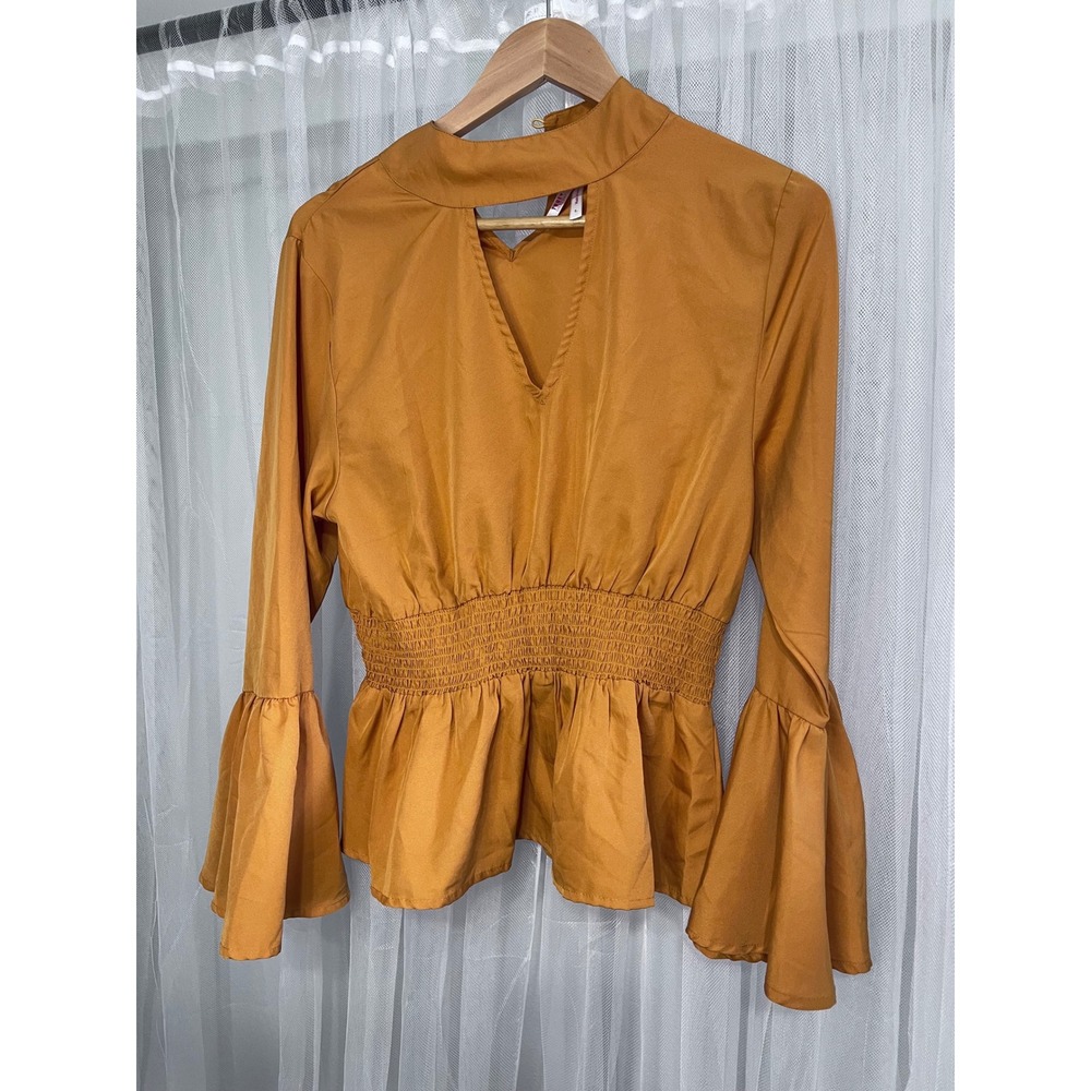True Destiny Mustard Yellow Smocked Peplum Blouse Bell Sleeve Mock Neck Cutout L